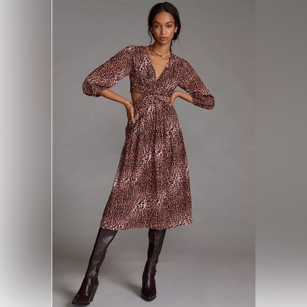 Anthropologie Ranna Gill Sz XS Leopard Cut Out Puff Long Sleeves Midi Dress